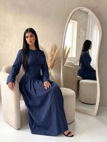 Veilorie Solid Ruched Bust Flowy Hem Arabian Dress - Blue - View 9