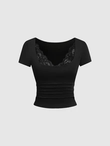 Sweetra Set Kaos dan Celana Panjang Model Lebar Warna Hitam Polos dengan Detail Renda Kontras - Hitam - View 5