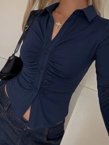 SHEIN EZwear T-shirt court à boutons devant et froncé unicolore - Bleu marine - Voir 4