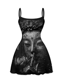 ROMWE Goth Gambar Grafis Gaun Cami - Hitam - View 1