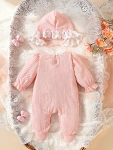 SHEIN 2pcs Newborn Baby Girl Footed Jumpsuit Sweet Pink Bow Eyelet Lace Ruffle Hat Long Sleeve Round Neck Regular Birthday Autumn Ballet First Birthday - Pink - View 3
