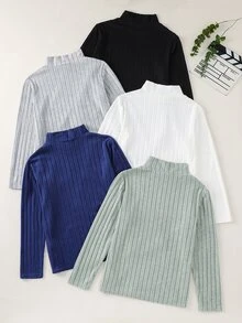 SHEIN 5件組買2送3兒童青少年男孩休閒運動假領抓絨長袖T恤，黑白藍色基本款上衣，適合秋季、學校、家庭聚會、生日派對、秋季穿搭、冬季穿搭 - 彩色 - 查看 4