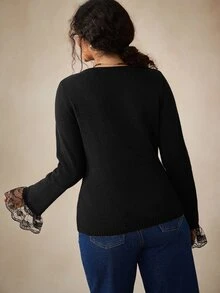 Nubod Atasan Rajut Pullover Elegan Ukuran Plus dengan Kerah V Berenda untuk Acara Komuter, Makan Malam, Pernikahan, dan Tamu, Warna Hitam untuk Musim Gugur dan Musim Dingin - Hitam - View 2