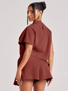 NYA SZN Top High Mock Neck Blouse Short Sleeve High Low Hemline T Shirt Brunch Night Out Casual Unique Bridal Shower Maroon Elegant Chic Summer Fall Winter - Rust Brown - View 6