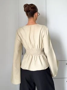 Siren Gaze Lantern Sleeve Peplum Blouse - Apricot - View 2