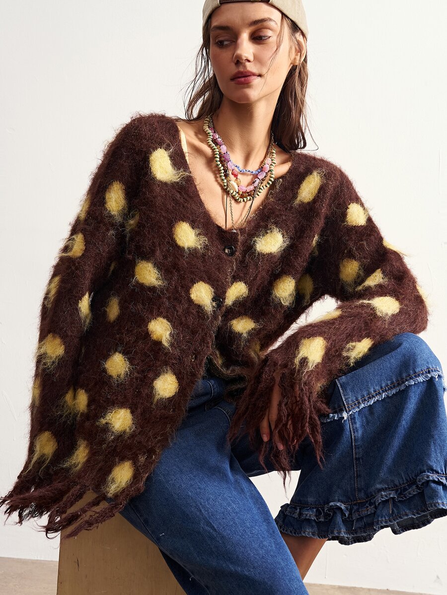 Bohemela Polka Dot Pattern Fringe Trim Drop Shoulder Sweater - Coffee Brown - View 1