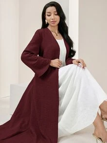 Veilorie Solid Metal Buckle Belted Abaya - Burgundy - View 4