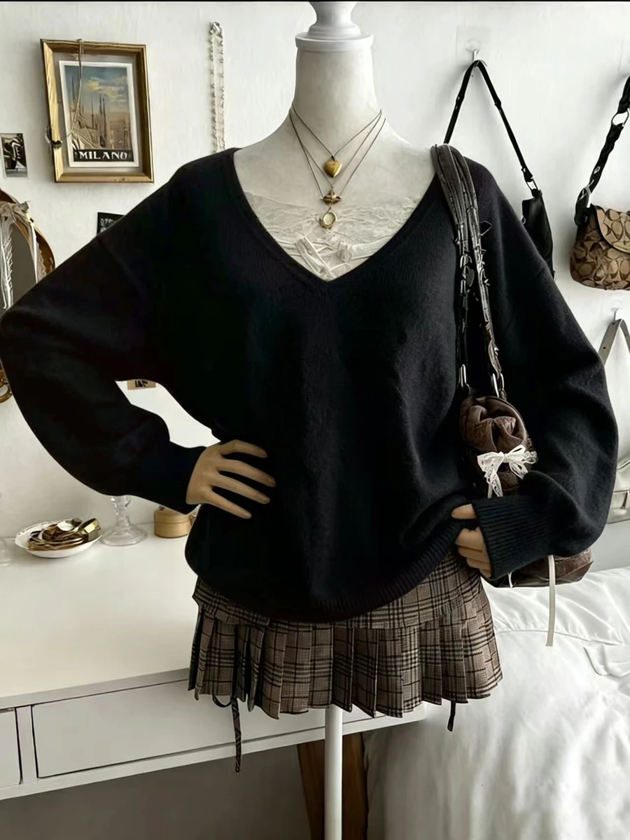Lalippa Solid Drop Shoulder Oversize Sweater - Black - View 1