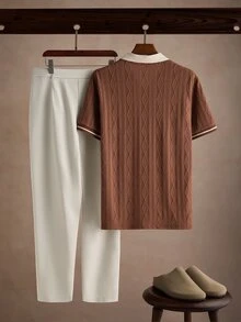 Core Aspect Men's Jacquard Knit Polo Shirt And Woven Pants Set, Shades Of Brown Off-White Summer Casual Two Pieces Set, Suitable For Everyday Golf Outings - Multicolor - View 2