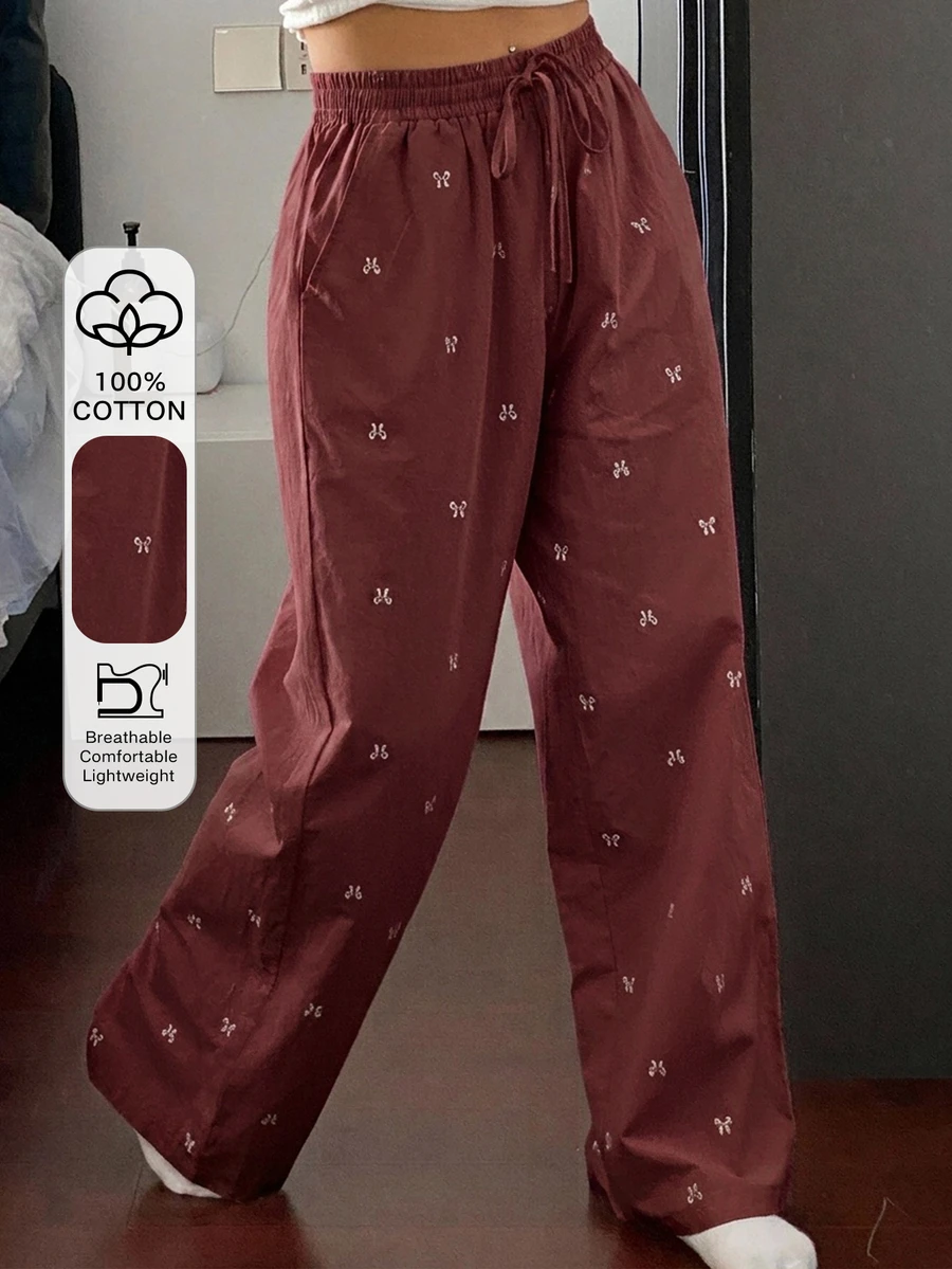 DAZY Celana Piyama Longgar Motif Pita Lucu untuk Musim Gugur - Burgundy - View 1