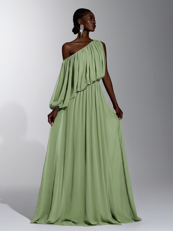Elitara Elegant Luxurious Green Asymmetrical Shoulder Pleated Evening Dress