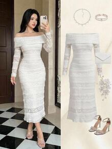 DAZY Spring/Summer Women's Elegant Lace Solid Color Midi Dress - Pearl White - View 7