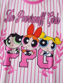 THE POWERPUFF GIRLS X SHEIN 青少年女孩圓領條紋短袖休閒洋裝 - 粉色 - 查看 4