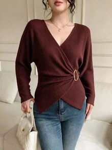 Celisse Solid Batwing Sleeve Wrap Tee - Brown - View 5