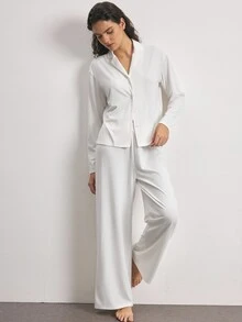 Ocili Notched Collar Buttoned Front Blouse & Pants PJ Set - White - View 6