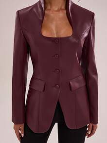 SHEIN BAE Blazer Kulit PU dengan Bantalan Bahu, Natal, Acara Sosial, - Burgundy - View 8