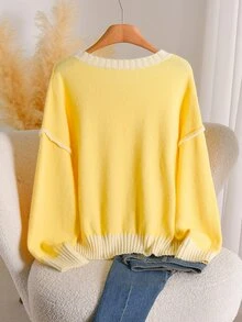 CosyJoli Plus Size Starfish Patched Colorblock Drop Shoulder Oversize Sweater - Yellow - View 3