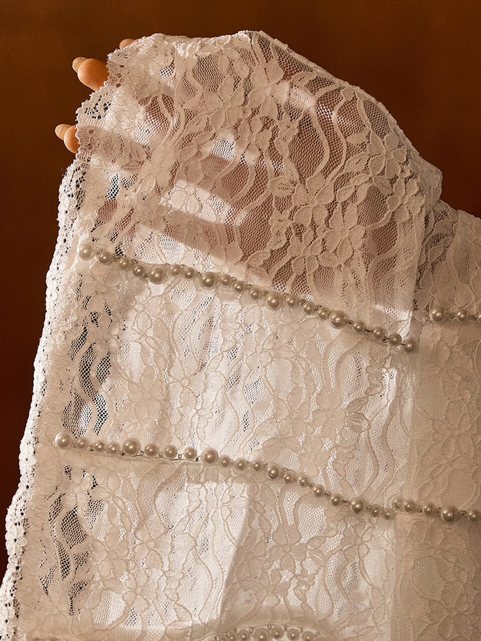 MOTF LACE MOCK NECK FAUX PEARLS SEAM DETAIL SHEER TEE