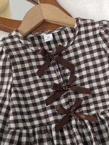 SHEIN Vintaside Kids Girls Little Brown Plaid Bow Top And Coffee Wide Leg Pants 2 Piece Set Top With Plaid Round Neck Long Sleeves Decorated With Three Bows Ruffle Hem And - Brown - View 7