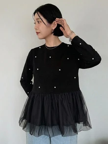FRIFUL Pearls Beaded Mesh Peplum Hem Tee - Black - View 6