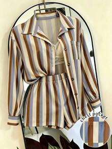 Franclia Striped Print Shirt & Shorts - Multicolor - View 3
