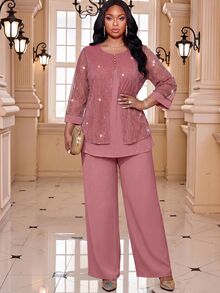 Fleurora Plus Size Elegant Party Top And Pants 2 Pieces Set - Purple - View 5