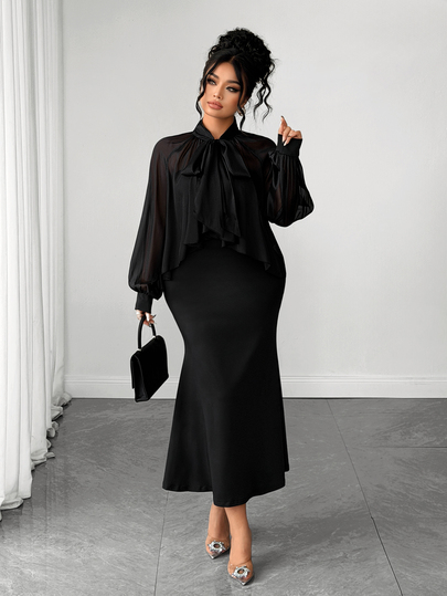 Elenzga Plus Size Women Elegant Black Ribbon/Bow Tulle Mesh Cover-Up Long Dress, Chiffon Sheer Sexy Cover Up Top Paired With Black Spaghetti Strap Slim Fit Long Dress, Sexy Elegant, Charming Curves, Suitable For Ball/Party/Dinner/Date/Cocktail Party/Sister Afternoon Tea/Birthday Party/Holiday Outing Elegant Art Exhibition Long Dress, Autumn