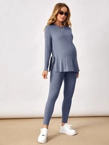 SHEIN Maternity Solid Color Long Sleeve Side Knot Hem Split T-Shirt And Leggings Casual 2 Pieces Set Fall - Navy Blue - View 4