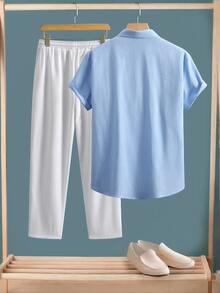 Manfinity Homme Men Plus Size Shirt & Pants Sets, Formal, Old Money - Blue - View 2