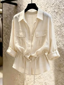 Franclia Flap Pocket Drawstring Waist Shirt - Apricot - View 1