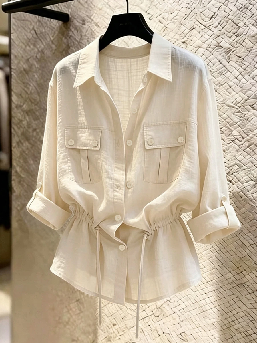 Franclia Flap Pocket Drawstring Waist Shirt - Apricot - View 1