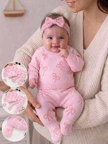 SHEIN Baby Girl Bow Pattern Raglan Sleeve Sweater & Knit Footed Pants Set - Pink - View 1