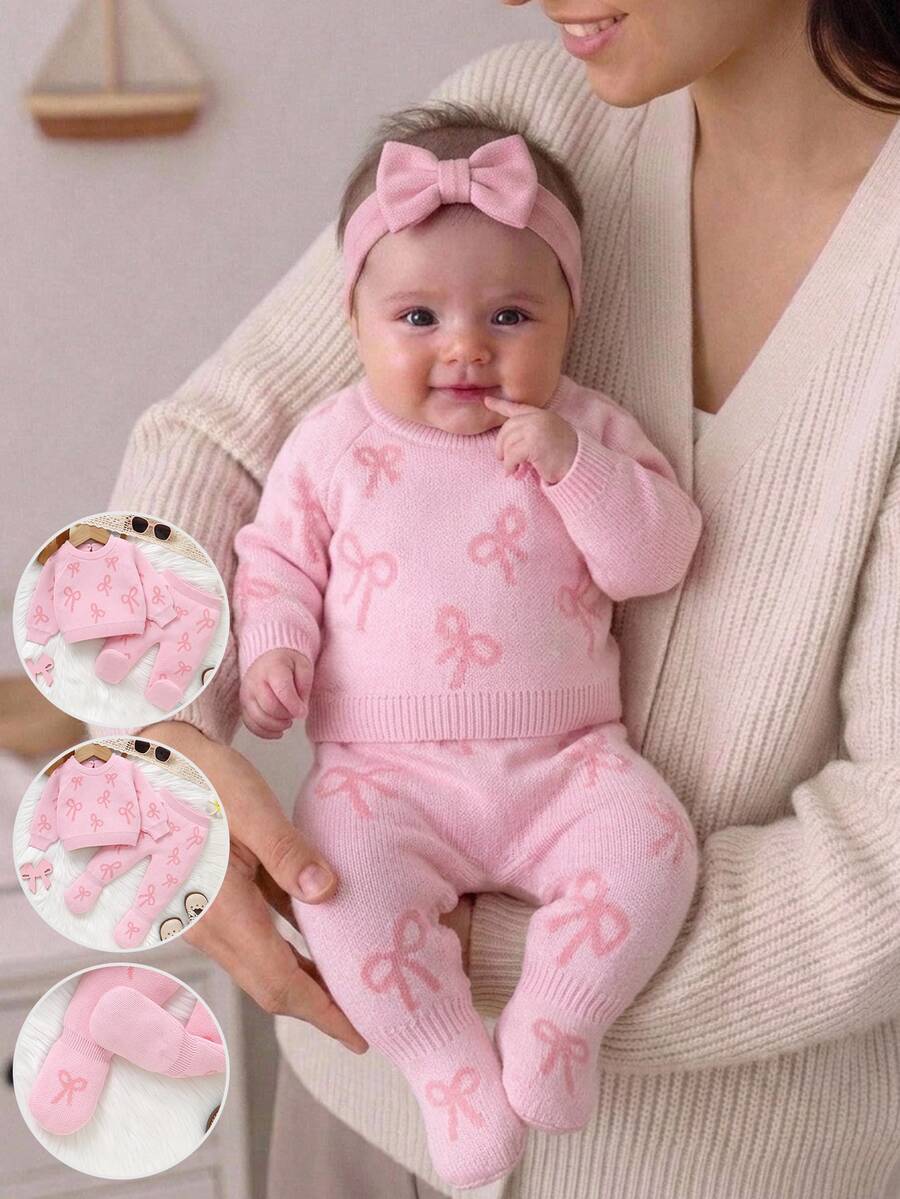 SHEIN Baby Girl Bow Pattern Raglan Sleeve Sweater & Knit Footed Pants Set - Pink - View 1