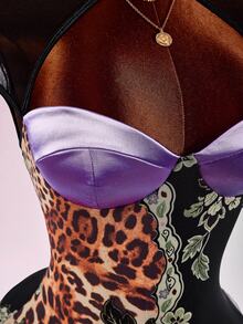 Floral & Leopard Print Bodycon Dress With Super Crop Top - Black - View 6