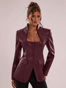 SHEIN BAE Blazer Kulit PU dengan Bantalan Bahu, Natal, Acara Sosial, - Burgundy - View 1