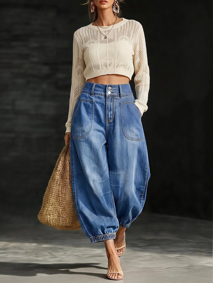 LUMIGAL High Waist Slant Pocket Jogger Jeans - Blue - View 1