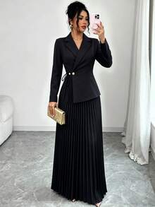 SHEIN Elenzya Lapel Neck Pleated Hem Dress - Apricot - View 6