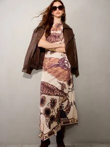 MOTF PREMIUM Gaun model halter neck motif jerapah dan tanaman boho. - Coklat - View 5