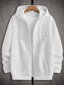 SHEIN 青少年男孩休閒極簡刺繡字母圖案抓絨拉鍊連帽衛衣 - 白色 - 查看 2