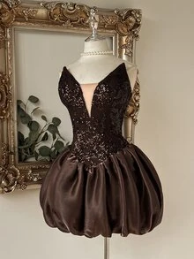 Lovelzi Elegant Glamorous Coffee Color Sequin Embroidered Patchwork Shiny Silk Strapless Deep V-Neck Bud Skirt Prom Dress - Coffee Brown - View 4