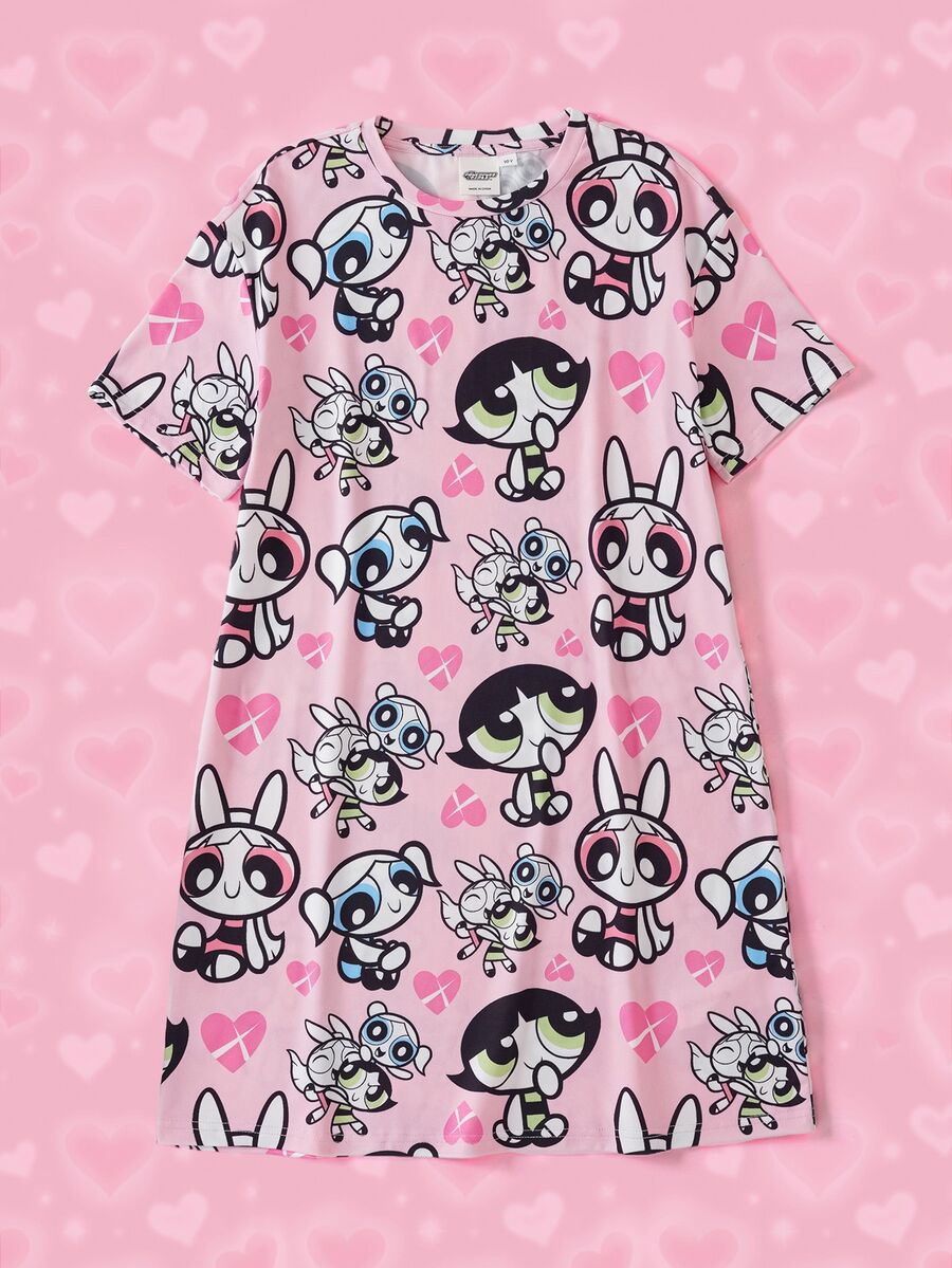 THE POWERPUFF GIRLS X SHEIN فستان كاجوال برقبة دائرية وأكمام قصيرة للفتيات المراهقات - وردي - مشاهدة 1