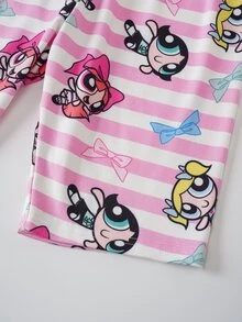 THE POWERPUFF GIRLS X SHEIN Tween Girl Cartoon Print Crew Neck Top And Striped Shorts Fitted Loungewear Set - Pink - View 6