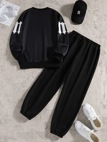 SHEIN Coolqubz 青少年男孩 2件組哥德字母與圖案印花運動衫與長褲套裝，青少年男孩純黑色秋冬運動服，秋季穿搭，秋季服飾 - 黑色 - 查看 2