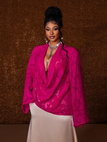 Maweii Plus Draped Collar Trumpet Sleeve Blouse - Hot Pink - View 5