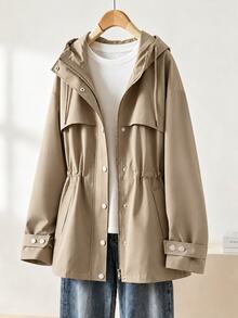 Linhara Plus Drop Shoulder Drawstring Hooded Trench Coat Without Tee Fall - Khaki - View 3