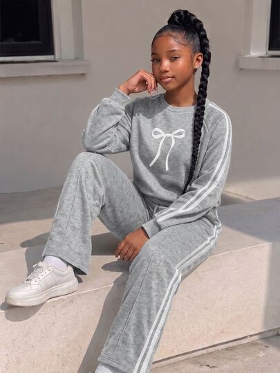 Tween Girls Fleece T-Shirt Co-Ords School Holiday White Winter Casual Athletic Streetwear, Long Sleeve, Fall Clothes, Winter, Festival