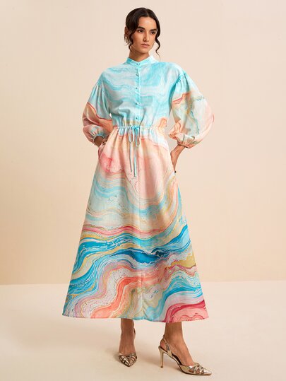 LOTSLUV Marble Print Drawstring Waist Lantern Sleeve Dress