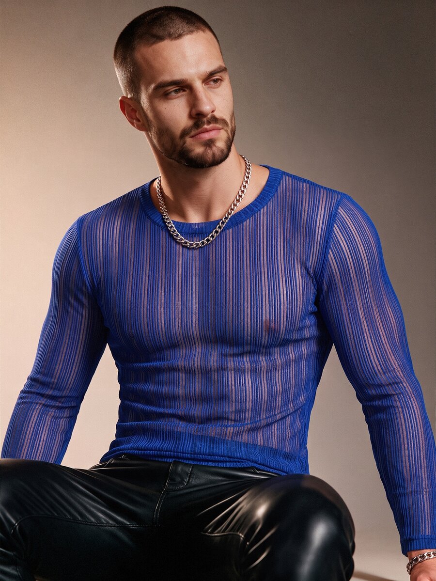 ZURIURI Men's Solid Color Casual Versatile Daily Wear Long Sleeve T-Shirt - Blue - View 1