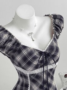 Elamini 格紋印花蕾絲飾邊抽繩前襟上衣 - 藏蓝色 - 查看 4