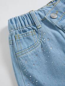 SHEIN Elladie kids 少女彈性腰水鑽裝飾寬腿牛仔褲 - 淺色水洗藍 - 查看 5